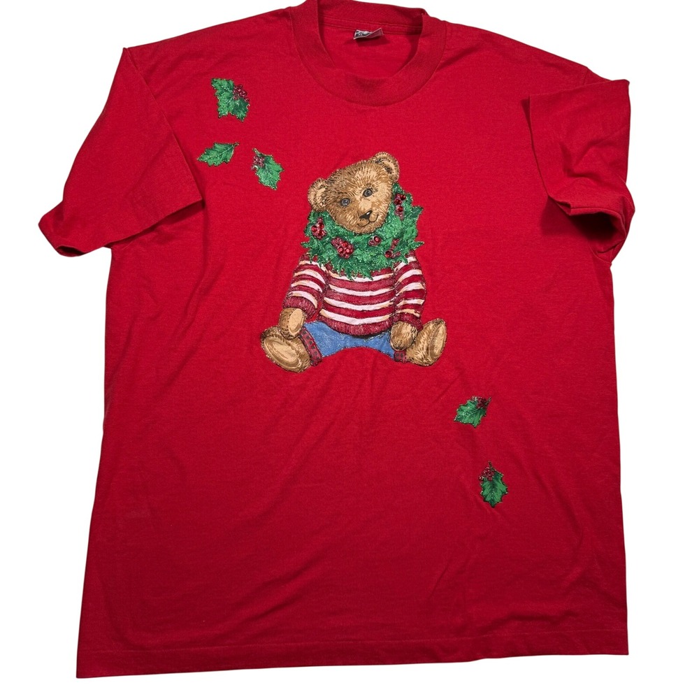 Vintage Best Fruit of the Loom XL Christmas Teddy Bear Graphic T‎ Shirt